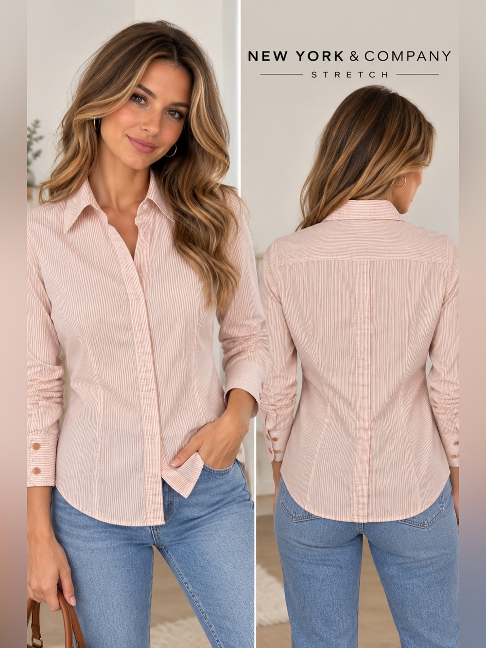 New York & Company Stretch Striped Button-Down Blouse Pink XS